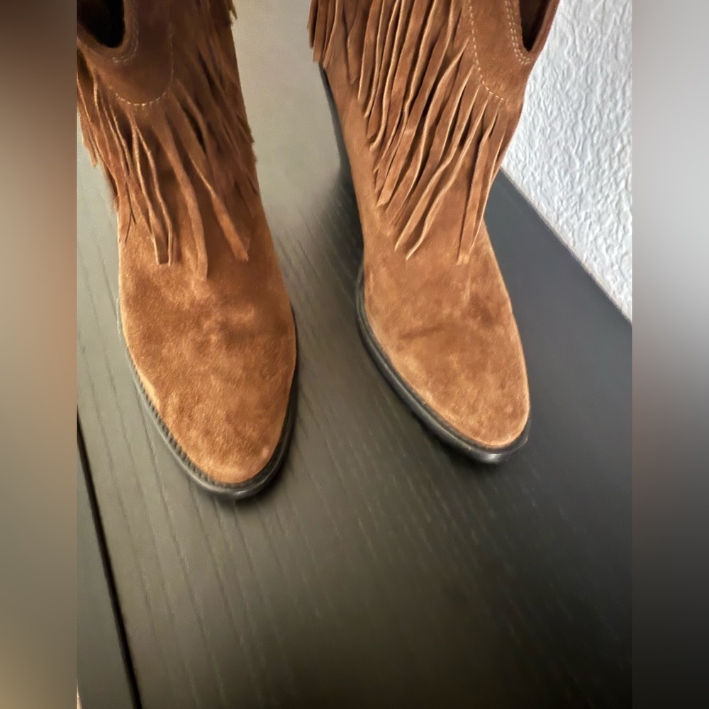Saint Laurent Brown Fringe Suede Heeled Boots - Picture 5 of 12